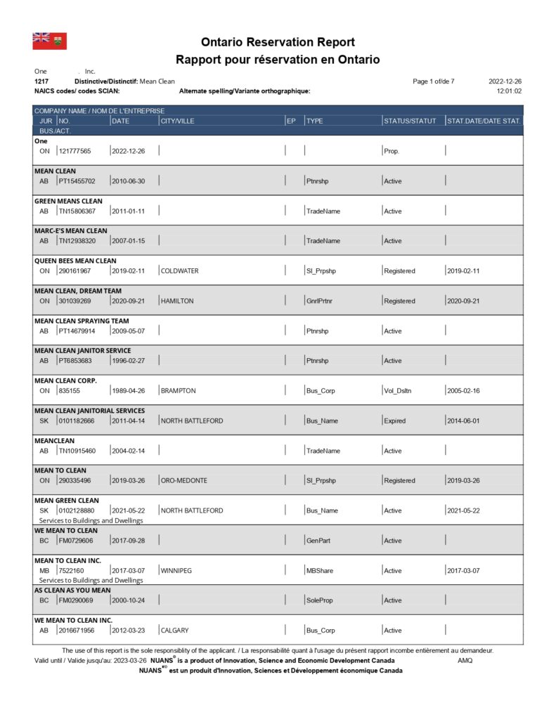 Ontario Name Reservation report