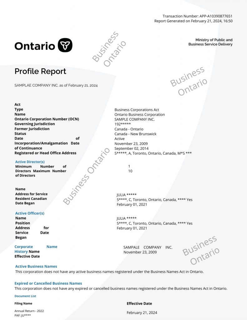 Ontario Corporation Profile Report